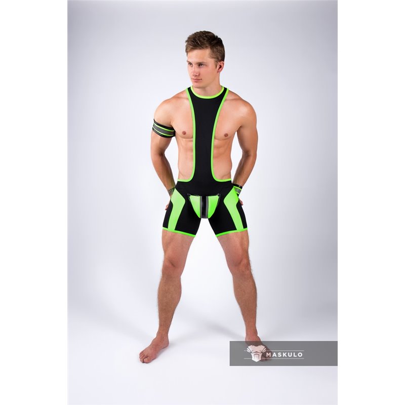 Maskulo Men S Fetish Wrestling Singlet Codpiece Zippered Rear Neon Green